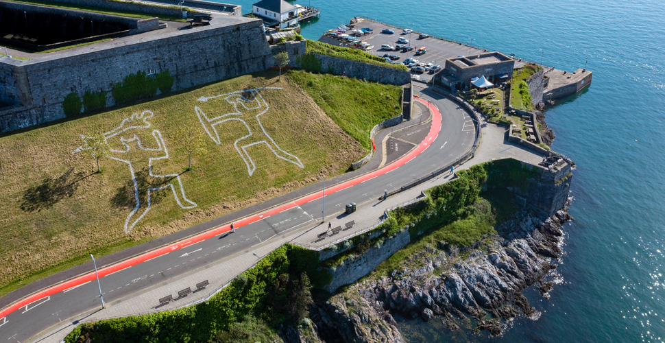 Aerial view of Plymouth's chalk giants on Plymouth Hoe