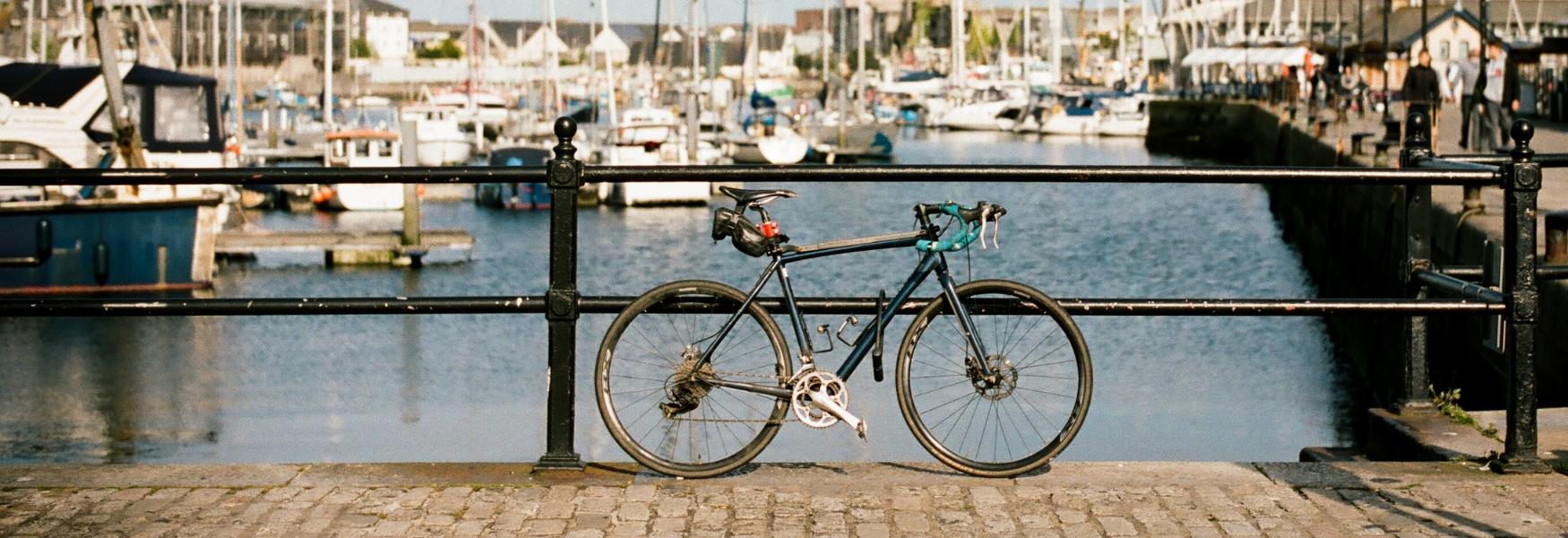Bicycle leaning against railings